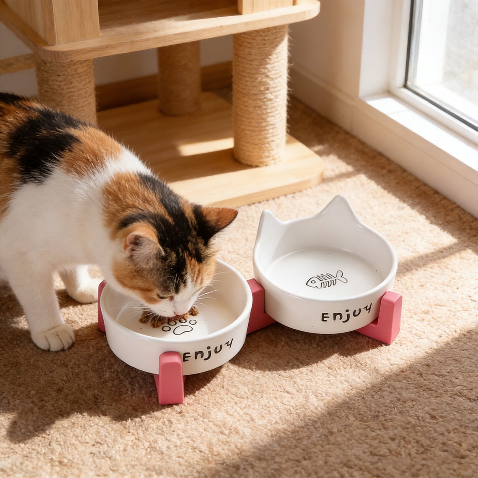 Qiopertar Elevated Cat Bowl, Double Bowl Ceramic Pet Food Dish, Raised Cat Bowls for Food Water, Wide Shallow Design to Protect Cervical Spine Prevent Whisker Fatigue, White