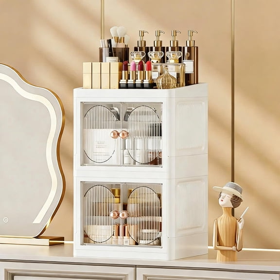 Qiopertar Foldable Double-Door Skincare Cabinet, Stackable Modular Desktop Organizer for Makeup Stationery, No-Tool Assembly Plastic Storage Tower with Clear Doors for Vanity Bathroom Office