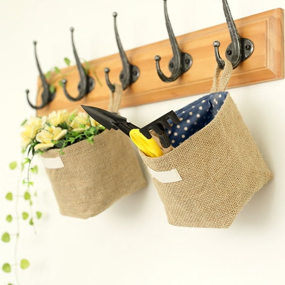 Qiopertar Foldable Linen Storage Bag, Wall Mounted Hanging Basket Organizer, Double Layer Jute Decorative Box for Keys Cosmetics Bathroom Bedroom Kitchen, Blue