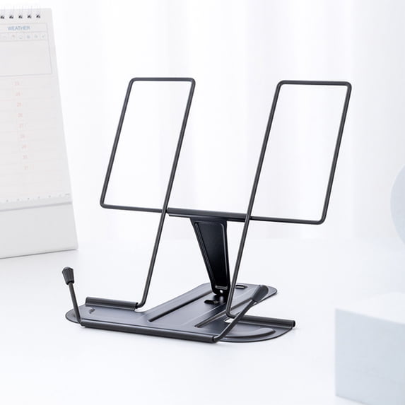 Qiopertar Foldable Metal Book Stand, Portable Reading Stand with Adjustable Angles, Sturdy Music Score Stand for Books Tablets Phones, Hands-Free Desktop Holder for Students Office Home, Black