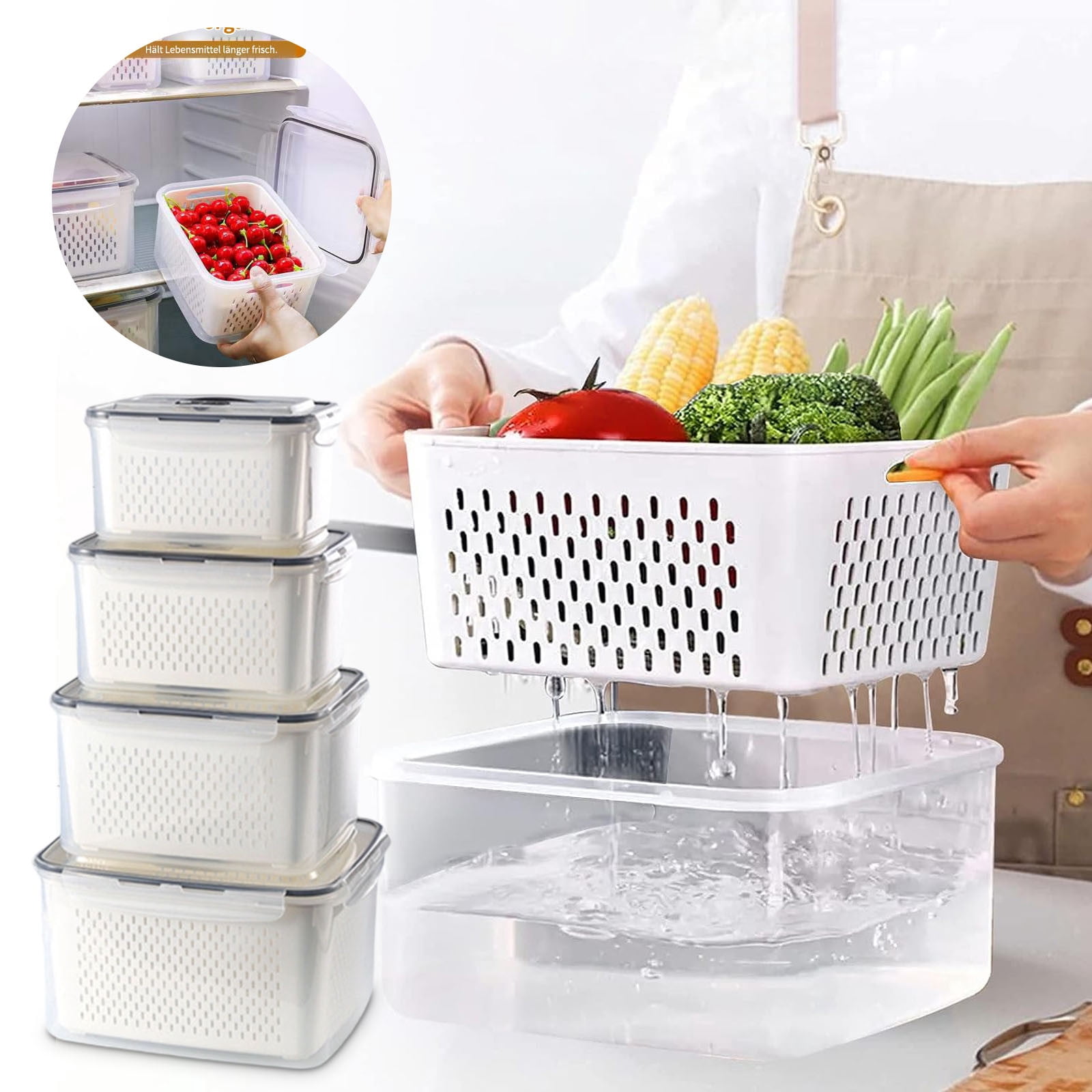 Qiopertar Food Storage Containers with Lids, 6 Pack Airtight Refrigerator Organizer Boxes, Fresh Produce Keepers for Fruits Vegetables Meat Meal Prep