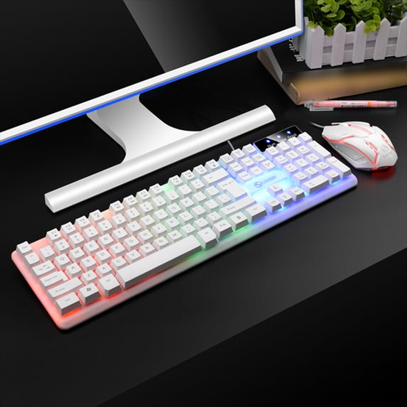 Qiopertar GTX350 Luminous Wireless Keyboard Mouse Set, Mechanical Feel Gaming Keyboard with Rainbow Backlight, 104 Key Suspended Keyboard Ergonomic Mouse for PC Gaming Office, White