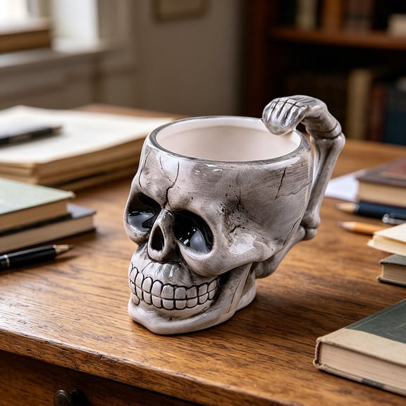 Qiopertar Halloween Skull Cup, Spooky Ceramic Mug for Goth Decor, Realistic Skeleton Coffee Cup for Horror Party Gift, Gray