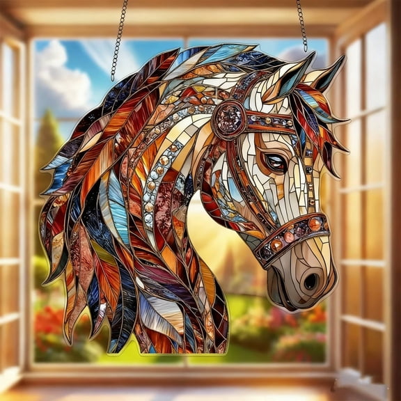 Qiopertar Horse Head Sun Catcher, 2D Acrylic Pendant Window Hanging Decor, Holiday Festival Home Decor for Living Room Bedroom Office Gift