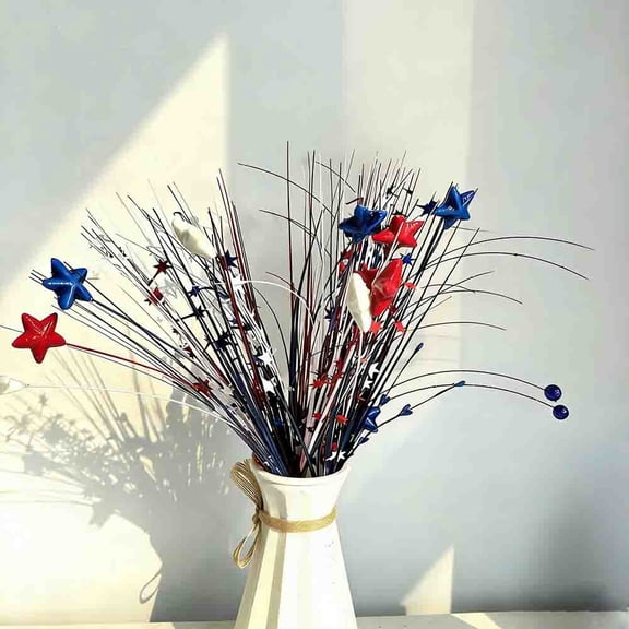 Qiopertar Independence Day Decorations 3 Pack, Red White Blue Glitter Star Branches, Artificial Cuttings for Table Vase Centerpiece