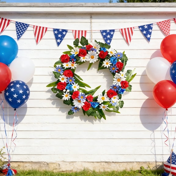 Qiopertar Independence Day Star Garland Door Hanger, Patriotic USA Wreath Decorations for Home Holiday, Red White Blue Outdoor Indoor Door Wall Decor for July 4th Party