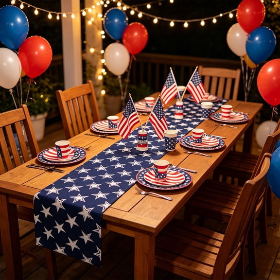 Qiopertar Independence Day Table Runner, Festive Star Polyester Runner with Graphic Prints, Holiday Table Decor for Dining Table Kitchen Picnic