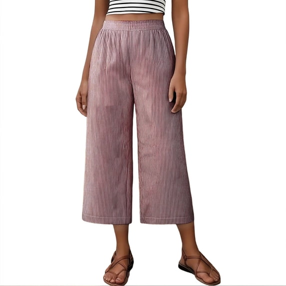 Qiopertar Linen Cropped Trousers for Women Loose Fit Striped Pants with Extra Large Patch Pocket Casual Comfy Breathable Wide Leg Pants, Red XL
