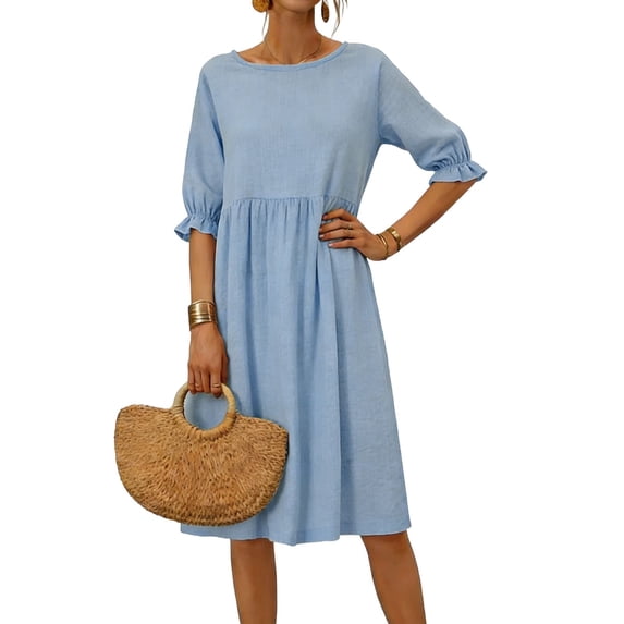 Qiopertar Linen Dress for Women Loose Round Neck Ruffled Three-Quarter Sleeve Casual Comfy Spring Summer Beach Vacation Boho Relaxed Gauze Dress, Blue XL