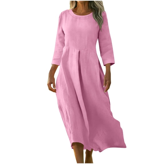 Qiopertar Linen Dress for Women Loose Pocket Quarter Sleeve Long Dress Casual Party Vacation Boho Maxi Dress with Pockets, Pink S