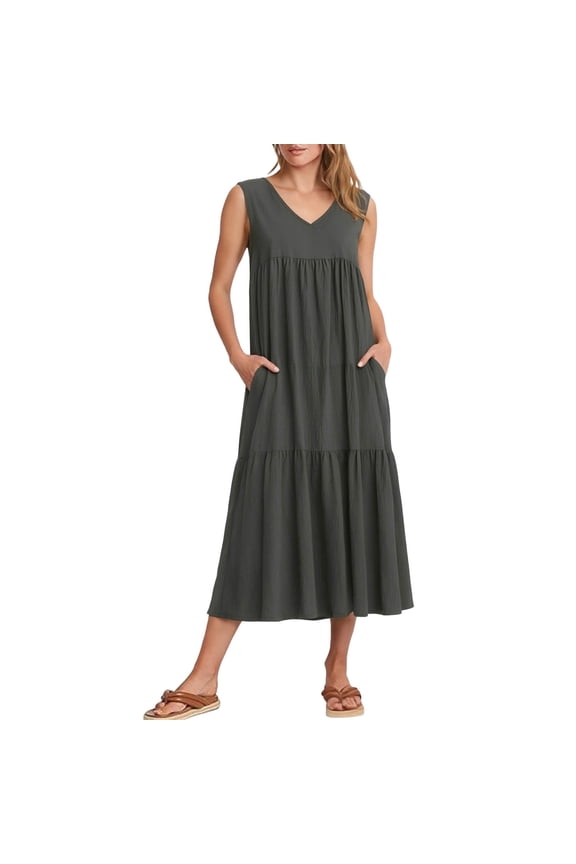 Linen Dress for Women V-Neck A-Line Beach Dress with Pockets Casual Comfy Folded Skirt Long Maxi Dress, Gray XXL