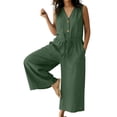 thumbnail image 1 of Qiopertar Linen Jumpsuit for Women V-Neck Sleeveless Waist Drawstring Casual Loose Romper Pants Solid Color Button Front Comfy Relaxed Beach Vacation, Green S, 1 of 6