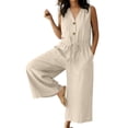 thumbnail image 1 of Qiopertar Linen Jumpsuit for Women V-Neck Sleeveless Waist Drawstring Casual Loose Romper Pants Solid Color Button Front Comfy Relaxed Beach Vacation, Khaki L, 1 of 6