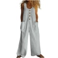 thumbnail image 1 of Qiopertar Linen Jumpsuit for Women Striped Retro Summer Wide Leg Romper Sleeveless Casual Comfy Button Pocket One Piece Jumpsuit, Gray XXL, 1 of 5