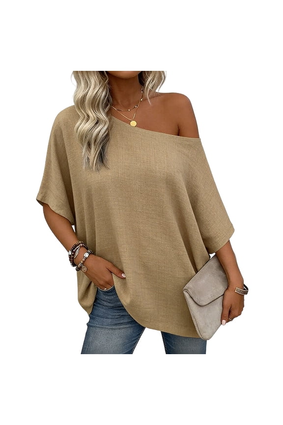 Linen Off Shoulder Top for Women Raglan Sleeve Casual Shirt Loose Fit Vacation Beach Summer Tops, Khaki S