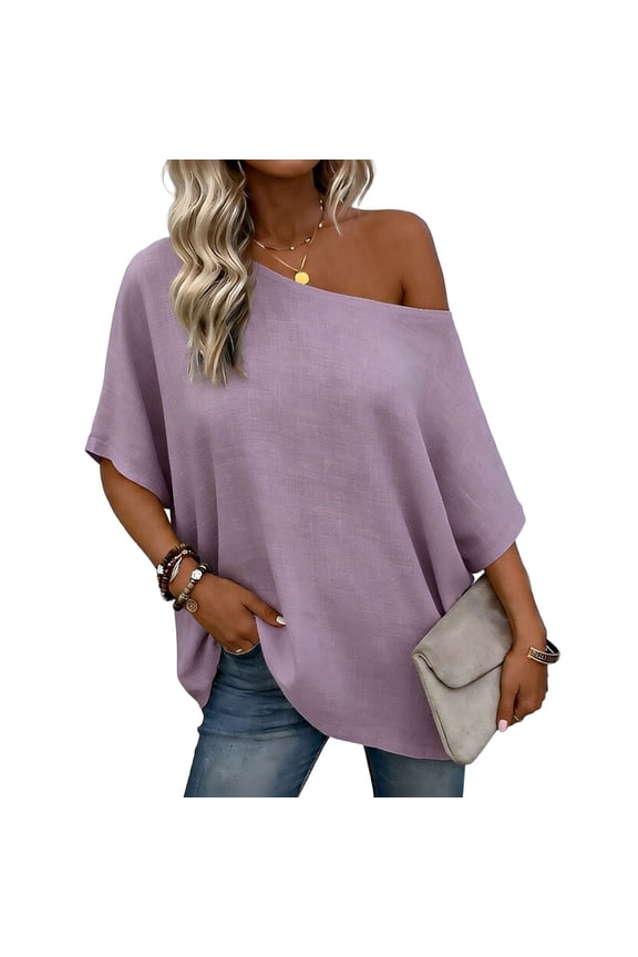 Linen Off Shoulder Top for Women Raglan Sleeve Casual Shirt Loose Fit Vacation Beach Summer Tops, Purple M