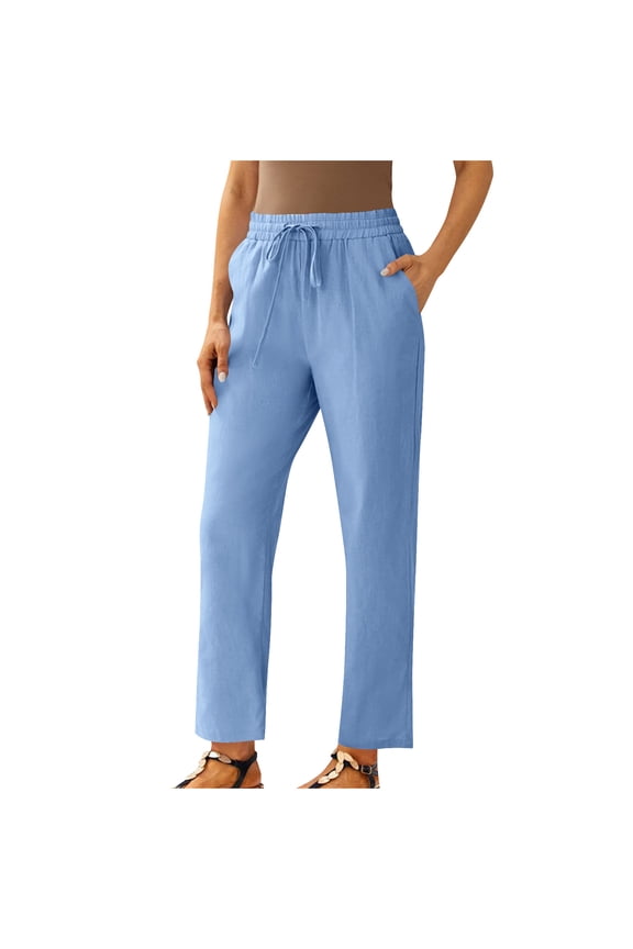 Linen Pants for Women Straight Leg Casual Trousers Spring Summer Cotton Linen Blend Solid Color Tie Waist Ankle-Length Relaxed Fit Pants, Blue L
