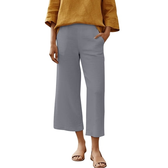 Qiopertar Linen Pants for Women Casual Straight Leg Ankle-Length Trousers with Elastic Waist Spring Summer Solid Color Pocket Pants, Gray XL