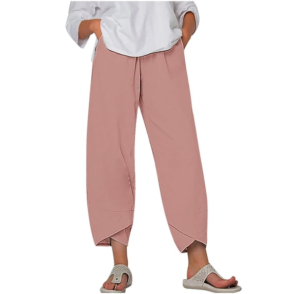 Qiopertar Linen Pants for Women Casual Wide Leg Cropped Pants Summer Comfortable Solid Color Loose Fit with Pockets Fashion Trousers, Pink M
