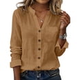thumbnail image 1 of Qiopertar Linen Short Sleeve Shirt for Women Casual Round Neck Blouse with Pockets Summer Fashion Comfy Relaxed Tunic Top, Khaki S, 1 of 5