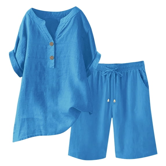 Qiopertar Linen V-Neck Button Down Shirt and Shorts Set for Women Casual Loose Outfit Spring Summer Beach Vacation Comfy Two Piece Set, Sky Blue 4XL