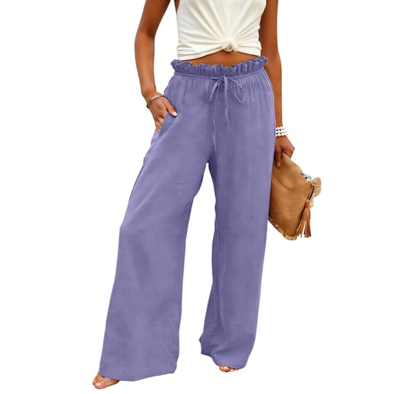 Qiopertar Linen Wide Leg Pants for Women Loose Casual Trousers with Ruffled Waistband Elastic Waist Comfortable Solid Color Pants Spring Summer Fall Beach Travel Vacation Boho Bohemian, Purple L