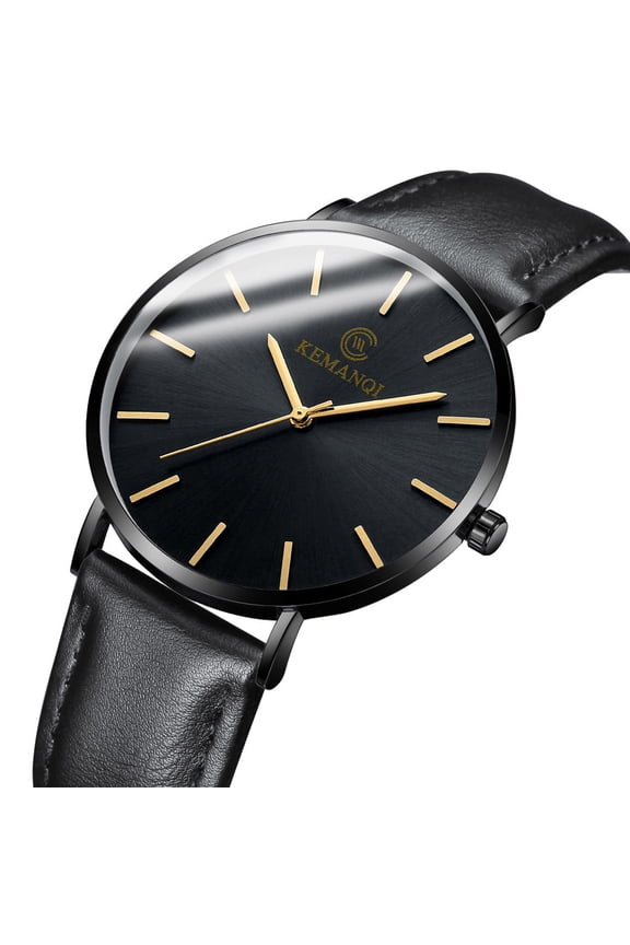 Men's Slim Watch, Ultra-Thin Leather Strap Stainless Steel Quartz Watch for Men, Trendy Minimalist Dial Water Resistant Casual Dress Business