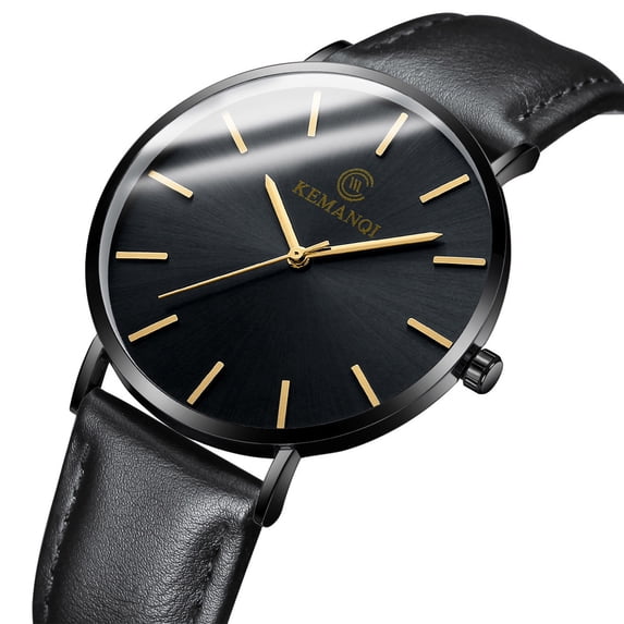 Qiopertar Men's Slim Watch, Ultra-Thin Leather Strap Stainless Steel Quartz Watch for Men, Trendy Minimalist Dial Water Resistant Casual Dress Business