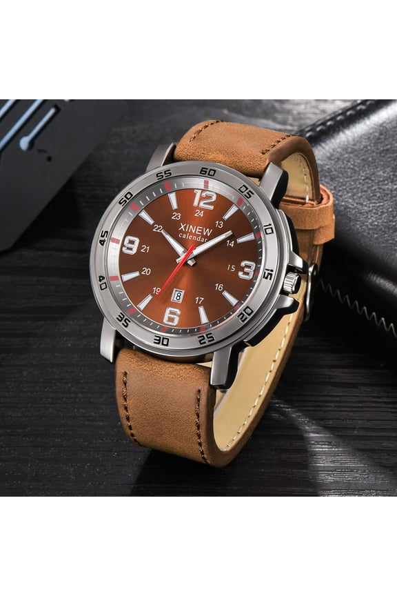 Men's Sports Date Analog Quartz Watch, Stainless Steel Case Leather Strap Wristwatch, Fashion Trendy Casual Dress Water Resistant Watch for Men, Khaki