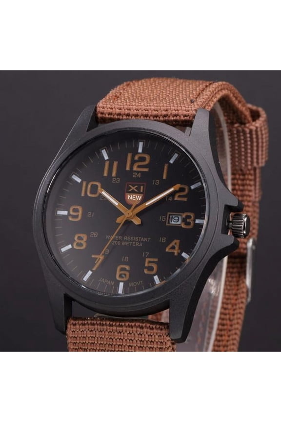 Military Sports Watch, Outdoor Mens Date Stainzless Steel Analog Quartz Wrist Watch, Casual Canvas Strap Hook Buckle Watch for Men, Black Green Brown Color Options