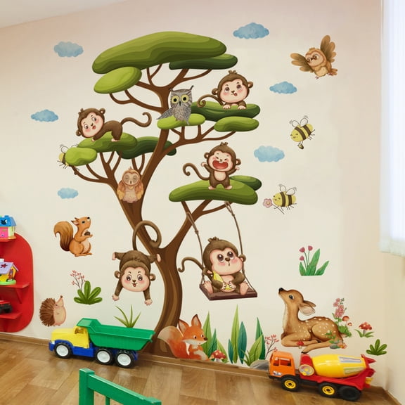 Qiopertar Monkey Owl Forest Tree Wall Sticker, KidsRoom Nursery Kindergarten Decoration, Peel Stick Removable Mural for Bedroom Playroom Living Room