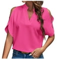 thumbnail image 1 of Qiopertar Off Shoulder Top for Women V Neck Short Sleeve Blouse Solid Color Casual Loose Tops Holiday Party Vacation Fashion Shirts, Hot Pink S, 1 of 3