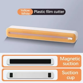 Qiopertar Plastic Wrap Dispenser with Cutter, Magnetic Adjustable Cling Film Box with Suction Cups, Reusable Food Wrap Dispenser for Kitchen Counter, Foil Parchment Paper Organizer, Yellow