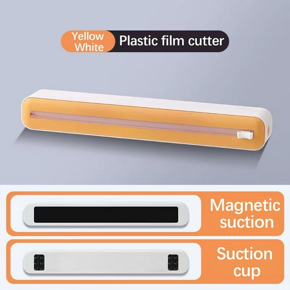Qiopertar Plastic Wrap Dispenser with Cutter, Magnetic Adjustable Cling Film Box with Suction Cups, Reusable Food Wrap Dispenser for Kitchen Counter, Foil Parchment Paper Organizer, Yellow