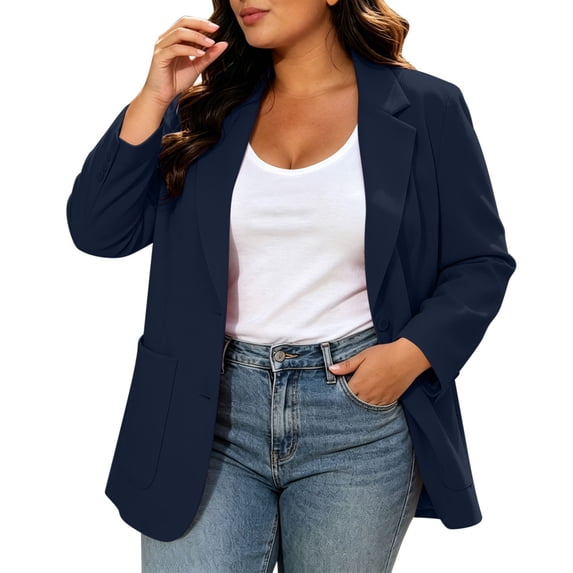 Qiopertar Plus Size Blazers for Women Open Front Casual Work Blazer Notch Lapel Long Sleeve Loose Oversized Suit Jacket with Pockets, Navy 3XL