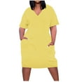 thumbnail image 1 of Qiopertar Plus Size Casual Dress for Women V-Neck Short Sleeve Knee Length Sundresses with Pockets Solid Color Loose Fit Summer Vacation, Yellow L, 1 of 5