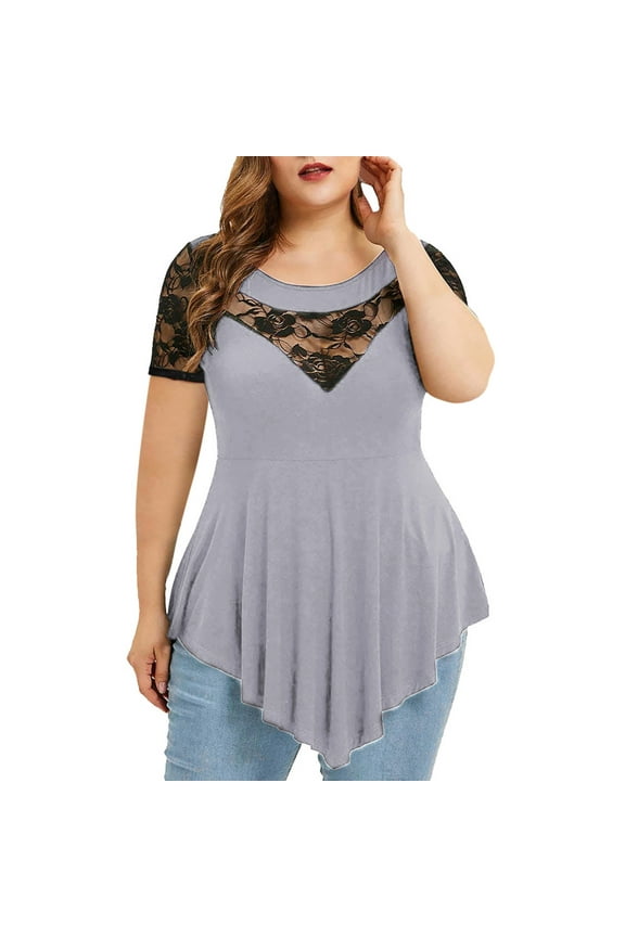 Plus Size Floral Lace Blouse for Women Asymmetric Three Quarter Sleeve Sheer Tops Casual Fashion Bohemian Party Vacation Boho Chic Solid Color Blouse, Gray XXL