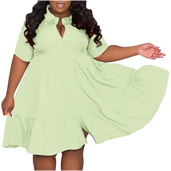 Qiopertar Plus Size Shirt Dress for Women Lapel Button Down Short Sleeve Casual Summer Spring Solid Color Loose Fit Vacation Travel Comfy Fashion, Green XL