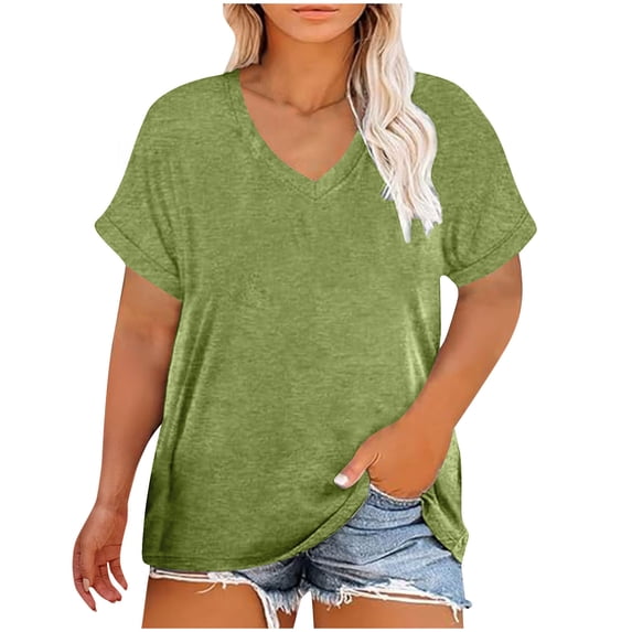 Qiopertar Plus Size V-Neck Short Sleeve T-Shirts for Women Casual Oversized Tees Summer Basic Solid Color Loose Fit Comfy Tops, Green 3XL