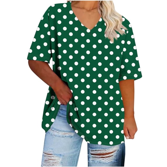 Qiopertar Plus Size V-Neck Short Sleeve T-Shirts for Women Oversized Casual Polka Dot Summer Tops Basic Comfy Loose Fit Blouses, Army Green M
