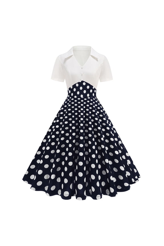 Polka Dot Spliced Retro Elegant Midi Dress Women's Court Style Casual Fashion Pencil Silhouette Short Sleeve Spring Summer Party Cocktail Dress, Blue XL