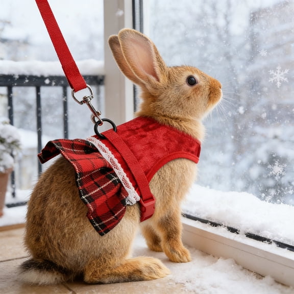 Qiopertar Rabbit Harness Leash Set, Adjustable Bunny Vest with Breathable Mesh, Small Pet Harness for Rabbits Guinea Pigs, Escape Proof Traction Rope for Walking Training Outdoor Safety, Red