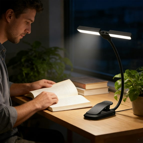 Qiopertar Rechargeable LED Desk Lamp, Double Head Clip On Reading Light with Tunable Brightness, Eye Caring LED Desk Lamp for Home Office Study Bedside, Black