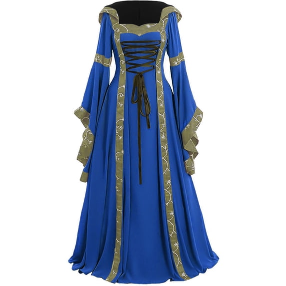 Qiopertar Renaissance Dress for Women Medieval Vintage Gown Festival Costume Gothic Lace Up Long Sleeve Maxi Dress, Light Blue 4XL
