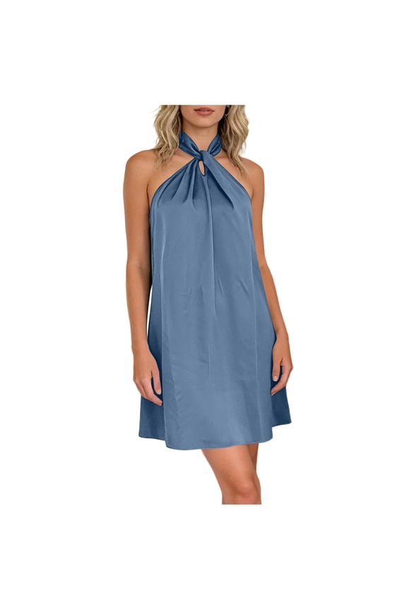 Satin Mini Dress for Women Halter Neck Knot Front Cocktail Party Dress Sleeveless Elegant Loose Fit Beach Vacation Night Out, Blue XL
