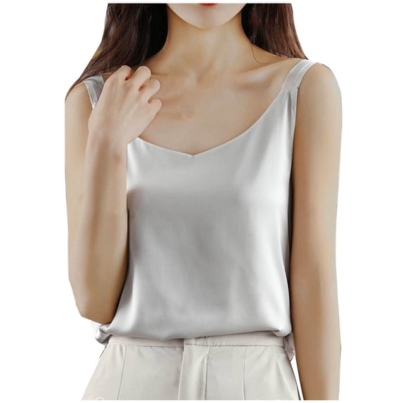 Qiopertar Satin Tank Tops for Women V-Neck Sleeveless Camisoles Casual Comfy Summer Spring Fall Vacation Travel Lightweight Stretchy Solid Color, Gray XXL
