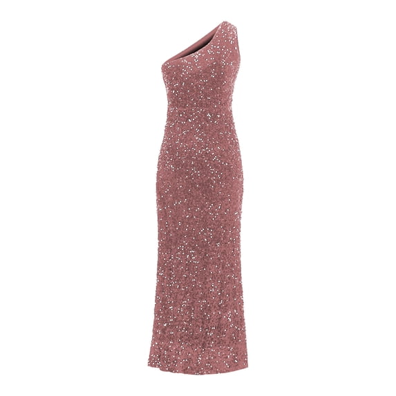 Qiopertar Sequin Sleeveless Slit Dress for Women Off Shoulder Pencil Sheath Beaded Cocktail Party Evening Elegant Ankle Length Gown, Pink S