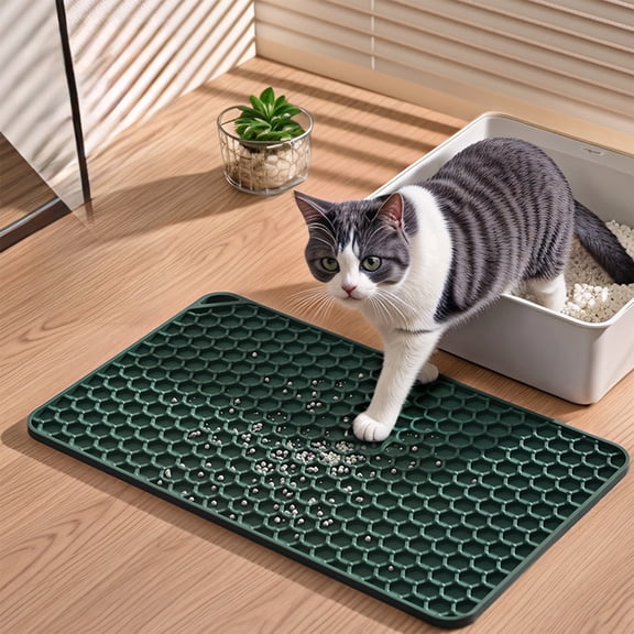 Qiopertar Silicone Cat Litter Mat, Washable Waterproof Litter Trapping Mat for Cats, Large 15x9 Inch Non-Slip Litter Box Mat with Raised Dots, Spatter Proof Pet Floor Mat for Easy Cleaning, Green