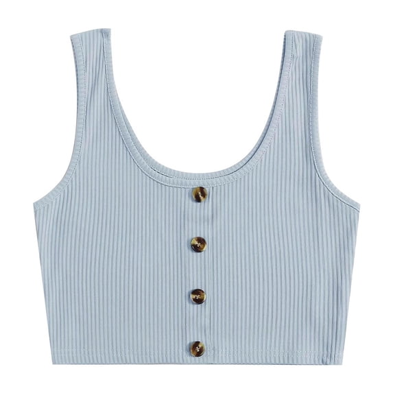 Qiopertar Sleeveless Ribbed Button Front Crop Tank Top for Women Casual Comfy Blouse T-Shirt Spring Summer Beach Vacation, Blue XL