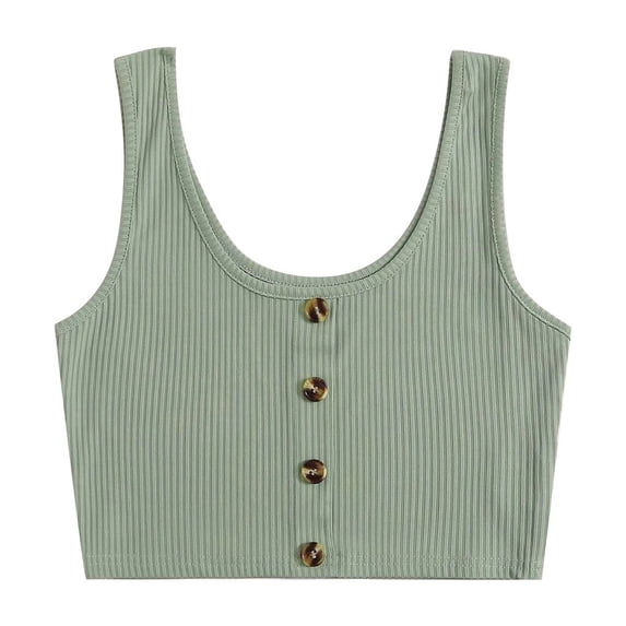 Qiopertar Sleeveless Ribbed Button Front Crop Tank Top for Women Casual Comfy Blouse T-Shirt Spring Summer Beach Vacation, Green XL